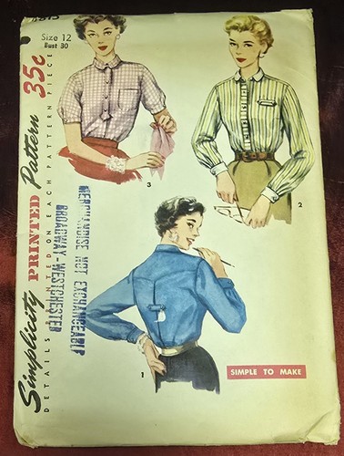 Vintage Button Blouse Sewing Pattern 50's Simplicity 4813 Collared Misses 12 - Picture 1 of 3