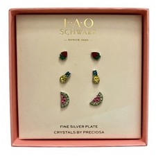 FAO Schwartz 3 Pierced Earring Set - Fruit Silver Plated w/crystals