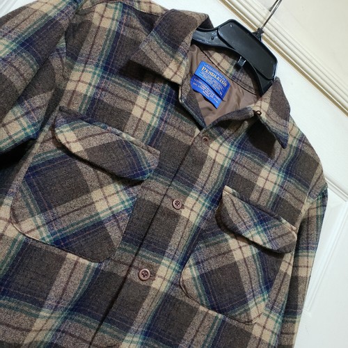 Vtg Pendleton Shirt Mens Medium Brown Green Plaid Wool Flannel Loop Collar Board - Picture 10 of 19