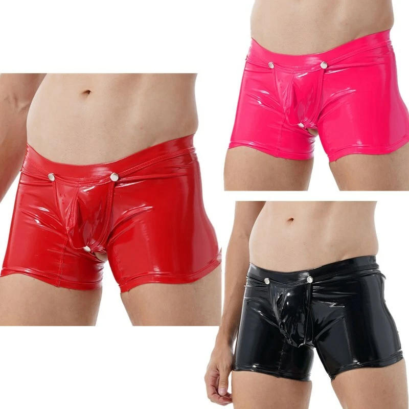 Men's Shorts Wetlook PVC Leather Boxer Briefs Button Crotch Bulge Pouch Panties  - Image 2 of 2