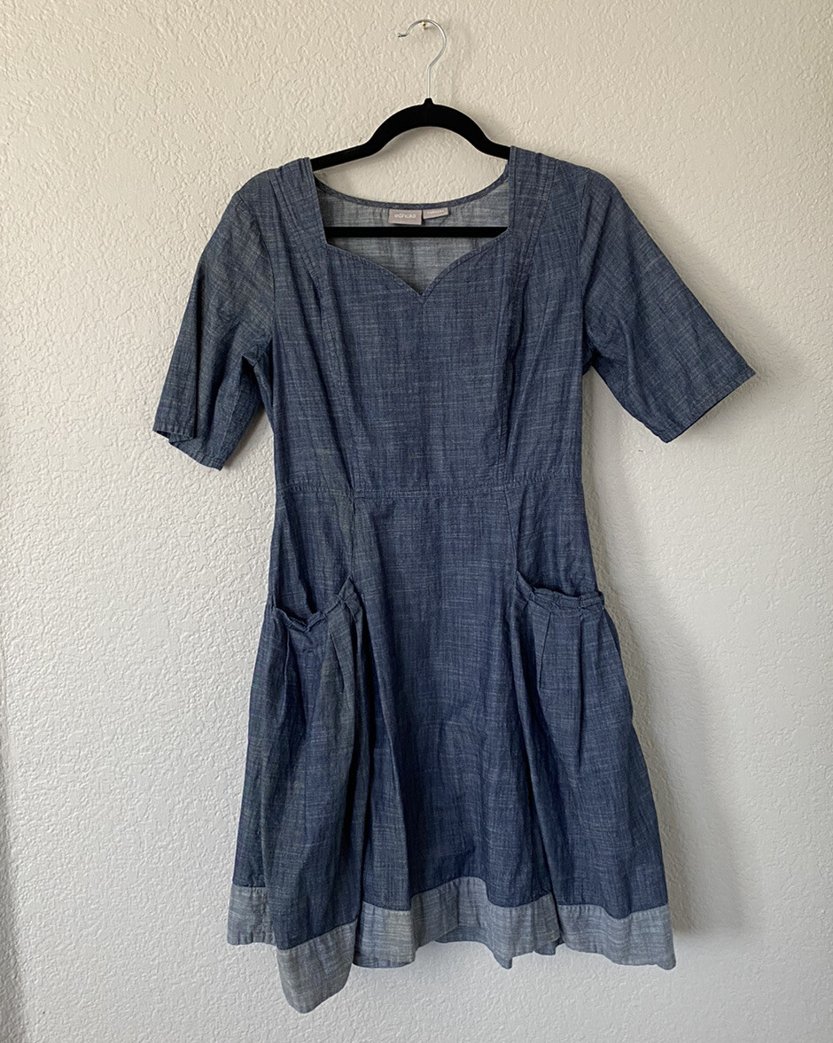 eShakti Women’s Size S Denim Short Sleeve Sweetheart Midi Dress