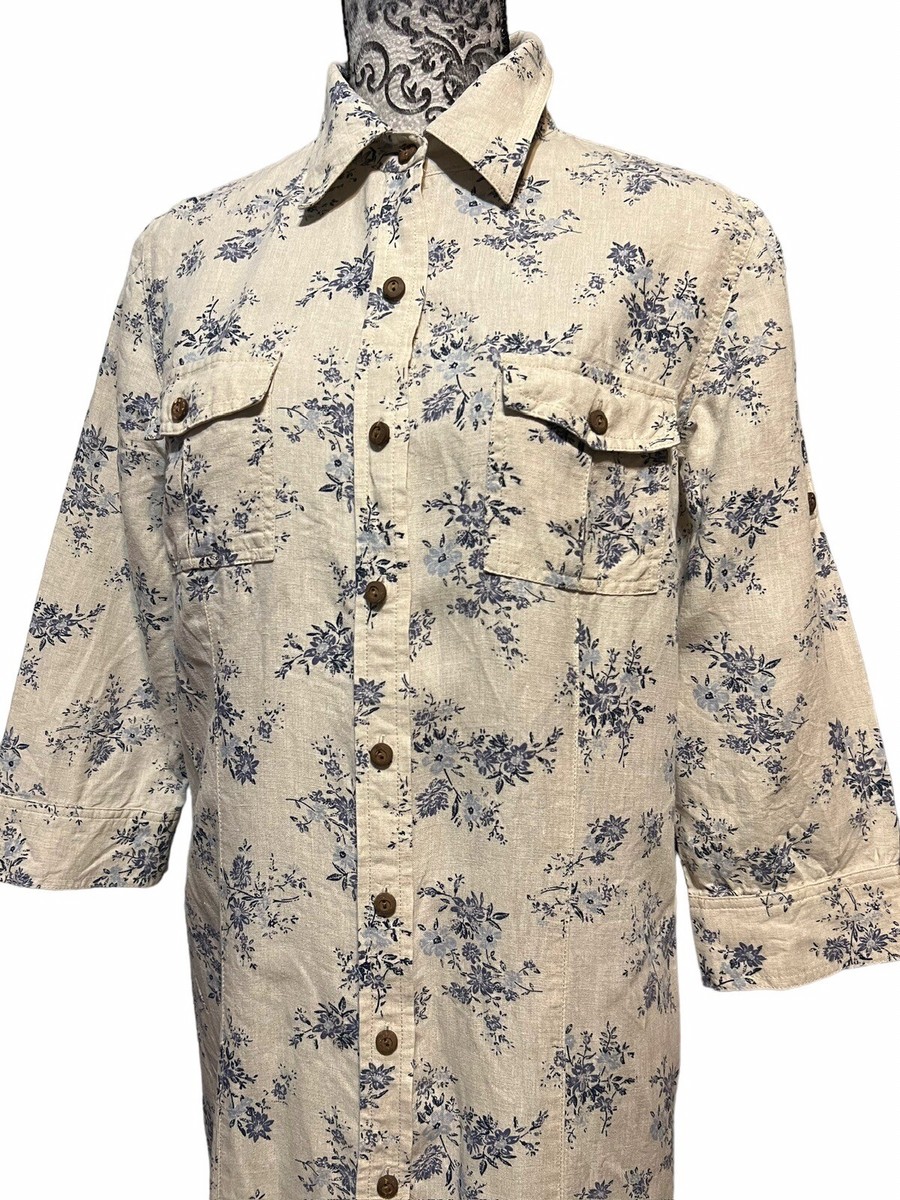 Eddie Bauer Womens Medium Dress Cream/Blue Floral Maxi Long Prairie 100%  Linen