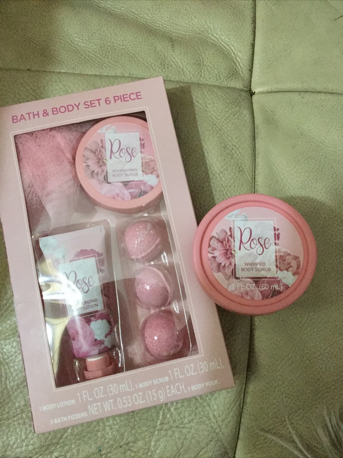 Rose Bath And Body 6 Piece Body Lotion & Scrub Bath Fizzer & Body Pouf Set NEW