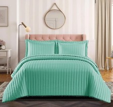 3 Piece Quilted Bedspread Pom Pom Embossed Comforter Bed Throw Bedding Set Sham