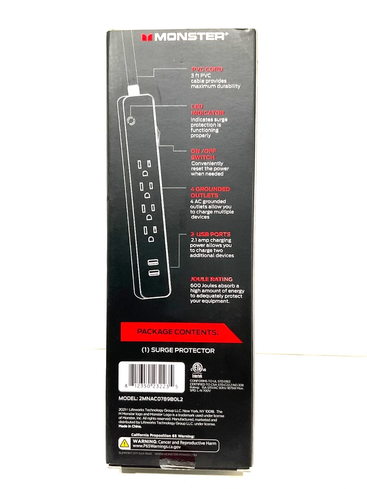 MONSTER SURGE PROTECTOR 4 GROUNDED OUTLET and 2 USB ports 600 J 3 FT EXT cord - Image 2 of 2