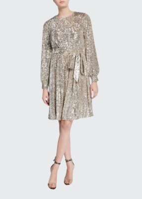 Sachin & Babi Chloe long sleeve belted fit&flare silver sequin on gold  dress sz6 | eBay