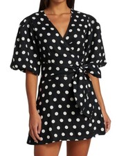 Faithfull The Brand Le Désert Godiva Polka Dot Wrap Dress in Black/White Size S