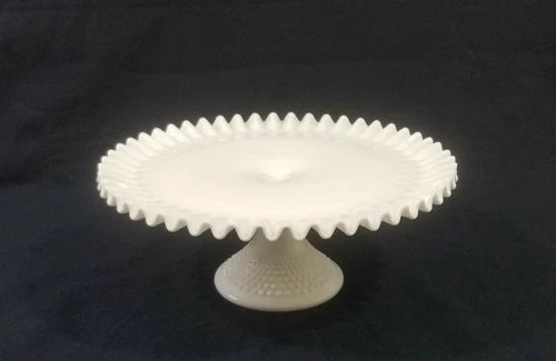 Vintage Fenton Hobnail Ruffled Edge White Milk Glass Pedestal Cake Stand Plate