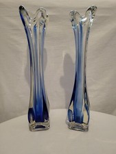 vintage pair swung Vases Cobalt Blue Square Base Hand blown 4 fingerd Tulip Top 
