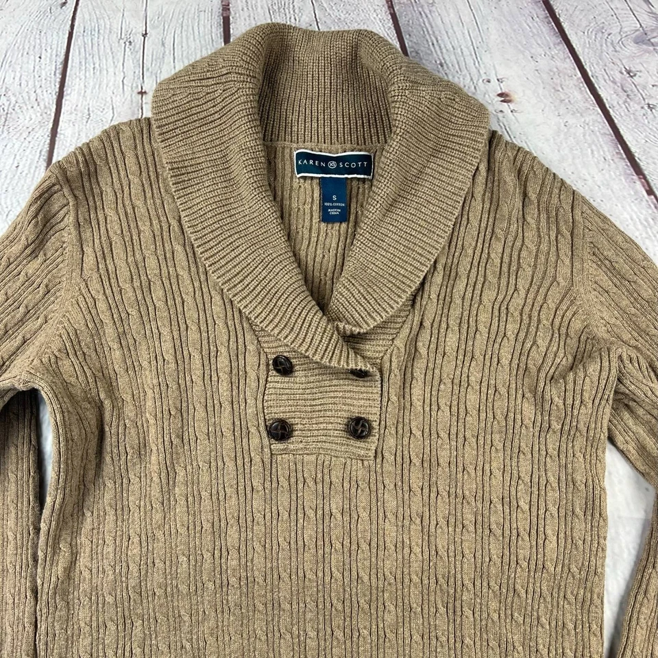Suéter Pullover Karen Scott Mujer Tostado Manga Larga Mantón Cuello Cable Tejido S Foto 3 de 4