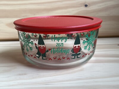 PYREX 4 Cup CHRISTMAS HOLIDAY Storage Bowl GNOME ELF Red Happy Holidays 2021
