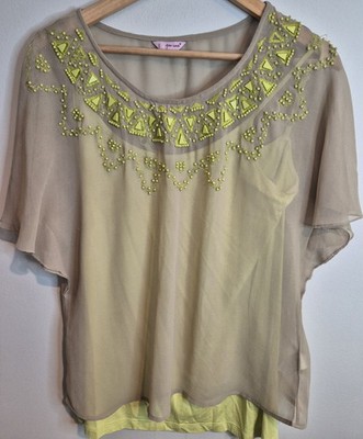 Per Una verzierte transparente Bluse UK 12 Y2K Boho Festival Top limette Perlen
