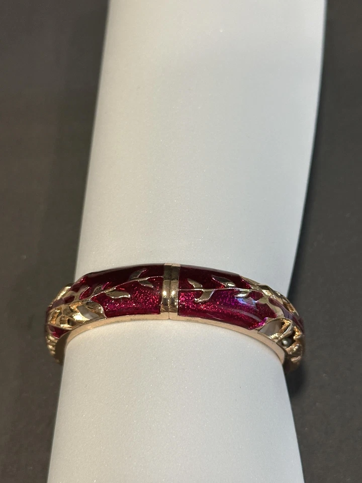 Brazalete Brazalete Bisagra Esmalte Cloisonné Tono Dorado Floral Colibrí Pájaro De Colección Foto 2 de 4