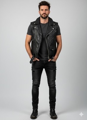 Charles Chevignon Biker Leder Weste Gr S  Herren Grease Schwarz