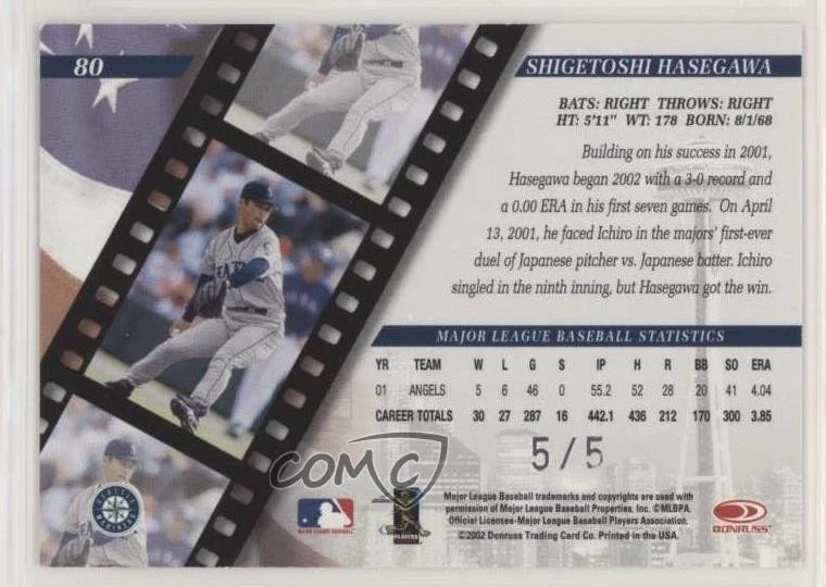 2002 Donruss Studio National Convention Embossing /5 Shigetoshi Hasegawa #80 - Image 2 of 2