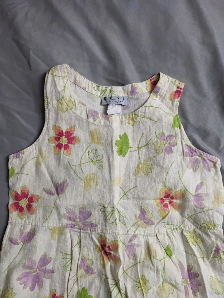 Vestido Vintage Real Comfort Para Mujer Talla 14 Beige Lino Floral Midi Cottagecore Foto 3 de 4