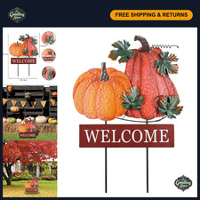 22" Fall Garden Stakes - 2 Pack Pumpkin Welcome Sign, Metal Outdoor Decor for La