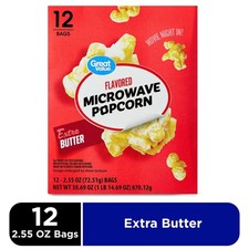 Great Value Extra Butter Flavored Microwave Popcorn, 2.55 oz, 12 Count