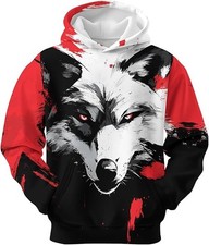 3D Red and Black Wolf Hoodie Fierce Animal Print Unisex Pullover Sweatshirt