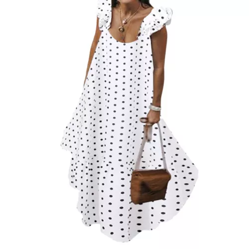 Abito lungo donna smanicato prendisole donna bohemien a pois maxi dress - Foto 7 di 18