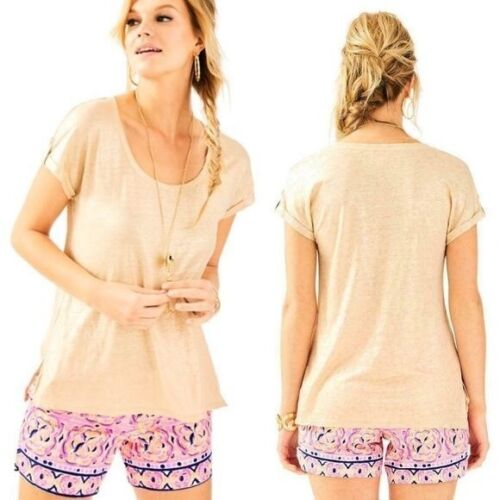 Lilly Pulitzer 100% Leinen Kurzarm Tee Inara Shirt Metallic Gold Beachy XS - Bild 2 von 8
