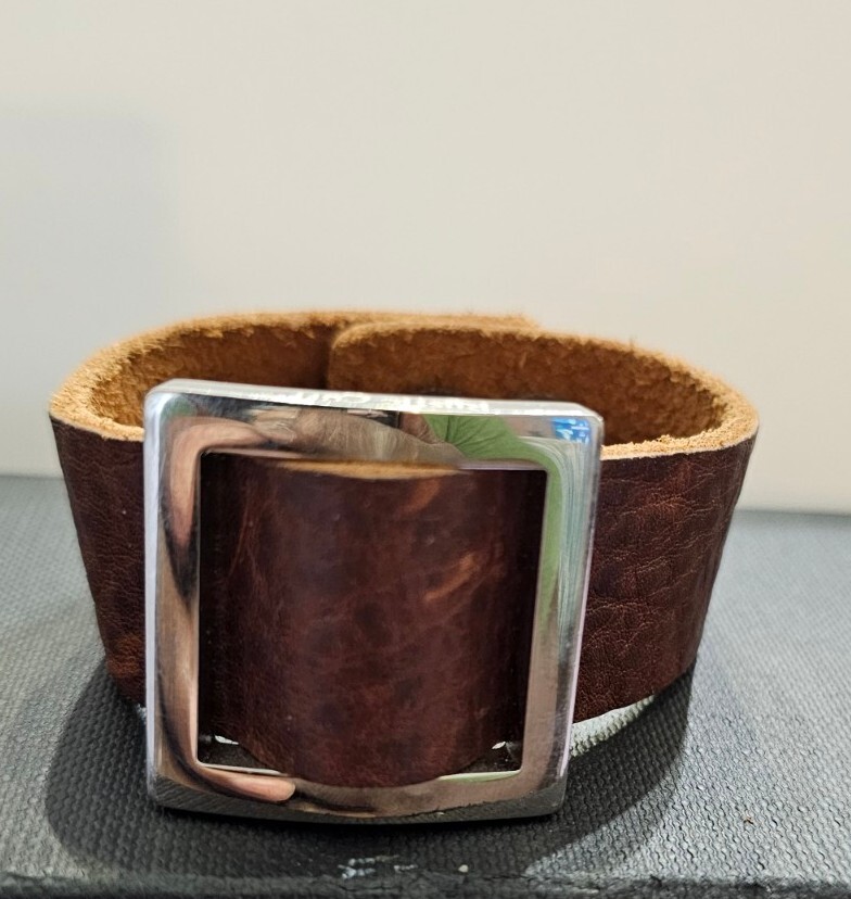 "Rustic Cuff" Brown Leather Stainless Square Buck… - image 1