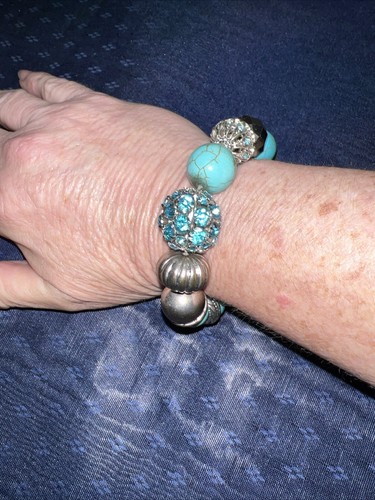 Bracelet Stretch Silver Tone Faux Turquoise Rhinestone Brass Tone Beads 8” Long - Picture 4 of 10