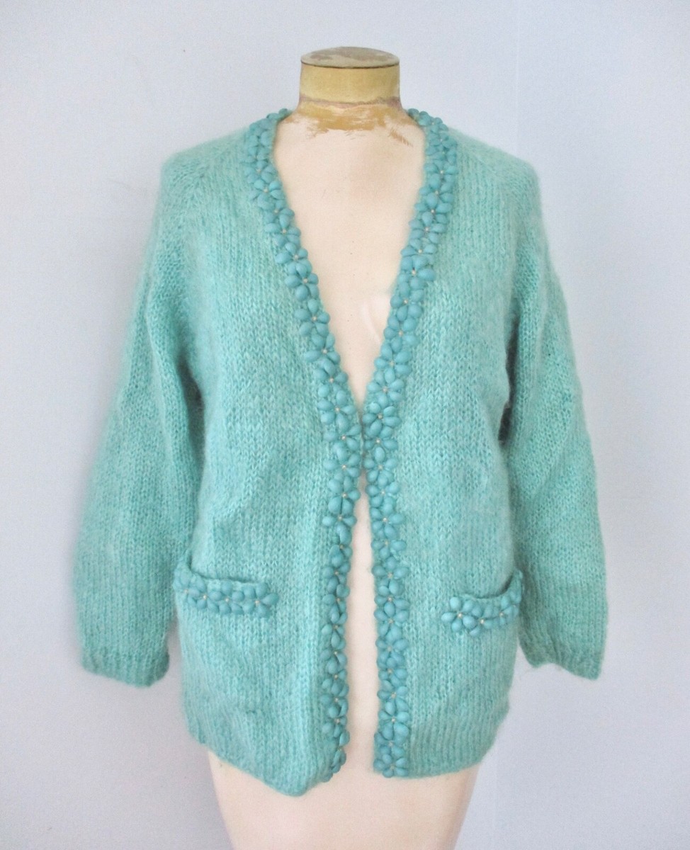 Vtg 50s 60s turquoise blue mohair cardigan sweater plastic flowers