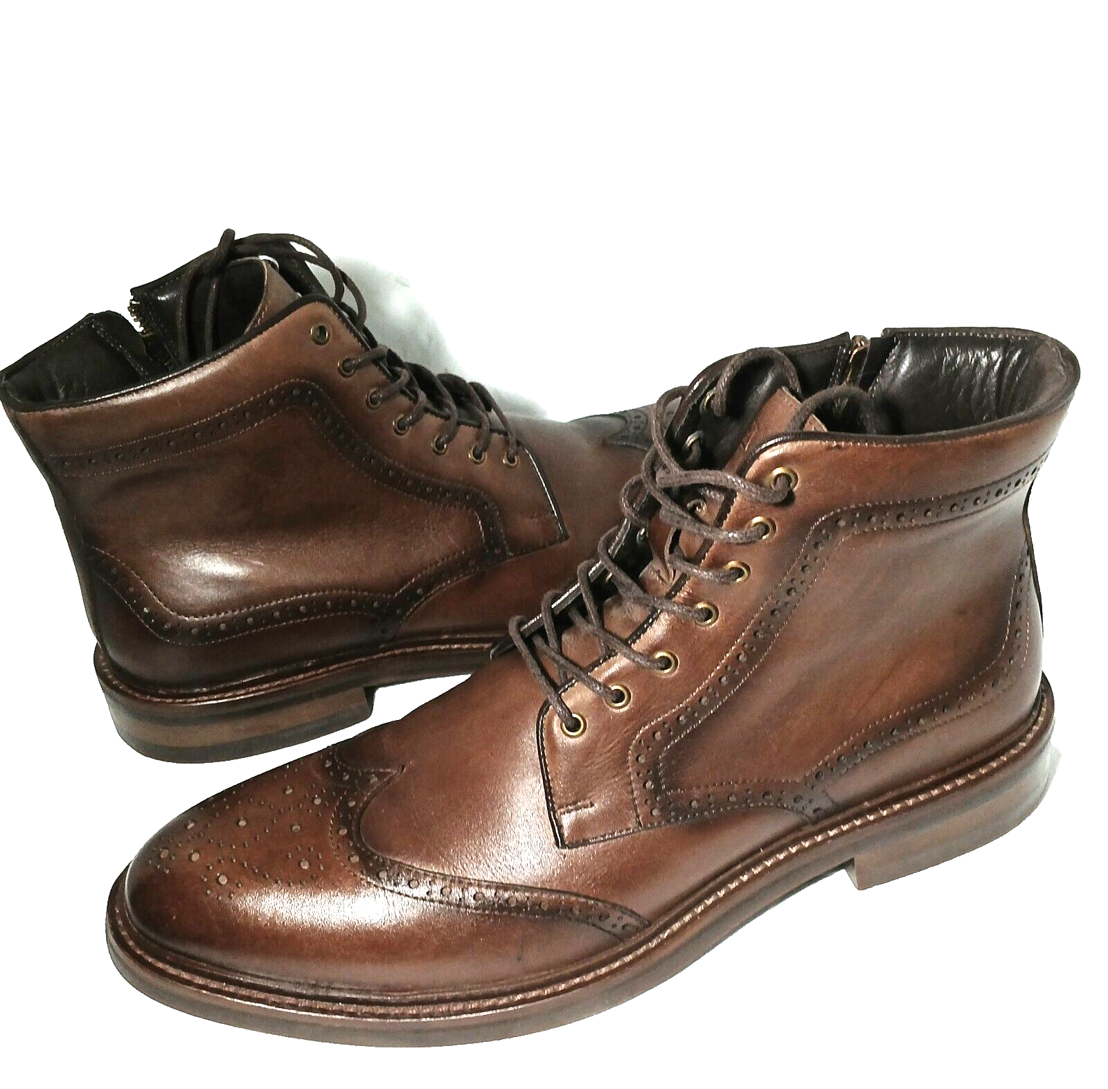 SAOLA Stivali eleganti Flag Ltd lunghi in pelle marrone derby con zip laterale e lacci taglia 11M