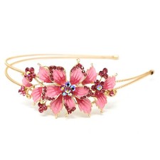 New Pink Crystal Rhinestone gold tone metal big Flower design Headband 1212