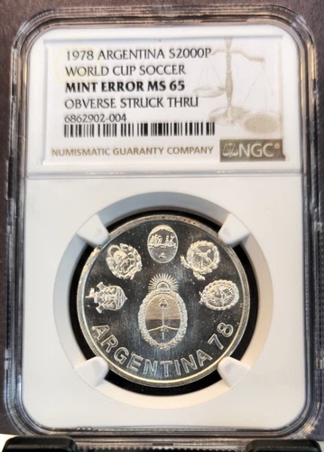1978 ARGENTINA SILVER 2000 PESOS WORLD CUP SOCCER NGC MS 65 MINT ERROR RARE