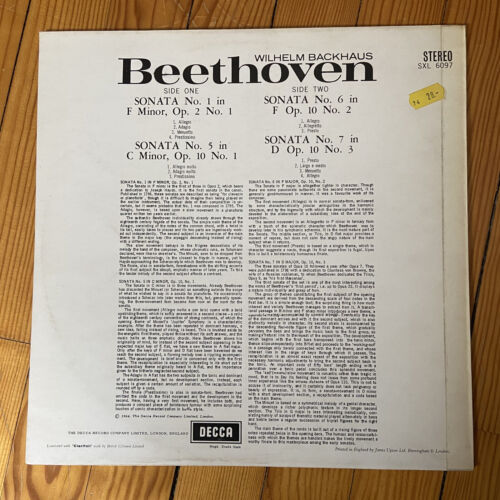 UK DECCA SXL 6097 LP WILHELM BACKHAUS BEETHOVEN PIANO SONATAS N° 1, 5, 6, 7 NM - Picture 3 of 3