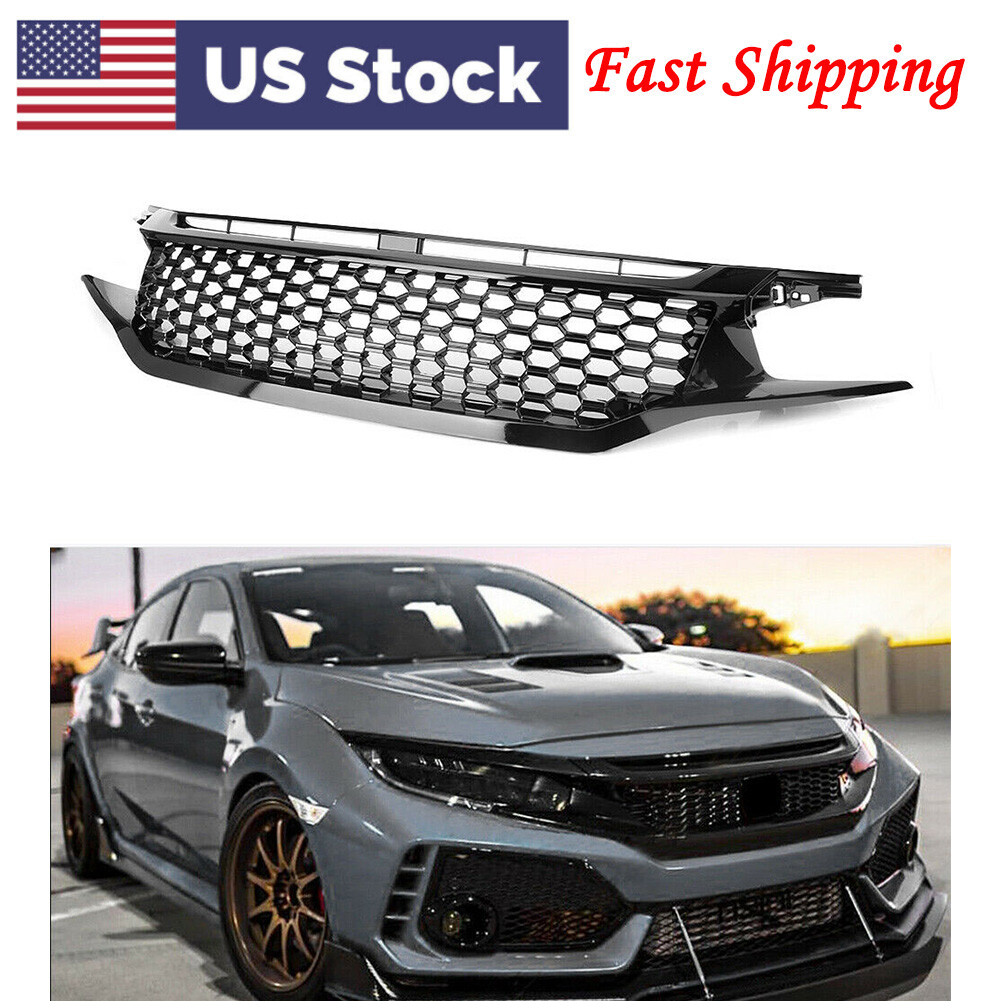 Honeycomb Mesh Sport Gloss Black Front Hood Bumper Grill For Honda Civic 2016-18