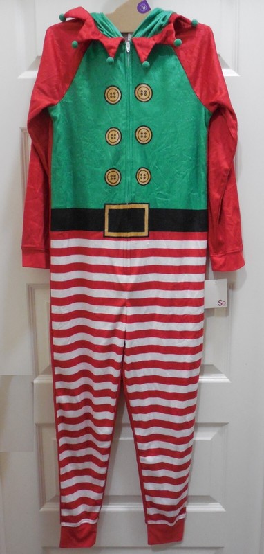EUC SO Girls' Union Suit One piece Pajama - Red Elf - 5/6 Y