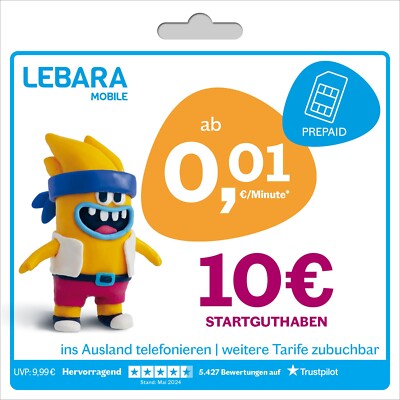 LEBARA Prepaid SIM-Karte mit 10  Startguthaben ohne Vertrag inkl. 5G