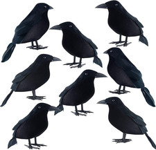 8 Pack Realistic Crows for Halloween Decorations Black Feathered Crow Prop Black