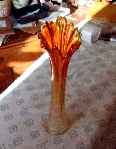 RARE Vintage 13.5" Orange Fenton Carnival Glass Ribbed Swung Tall Vase Ruffled