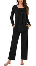 Womens Pajama Set, 2 Piece Lounge Outfits Pleated Sleepwear Sets Long Sleeve ...