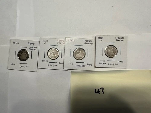 US Mint Lot of 4 Seated Liberty Dimes 10 cents 1841 1842 (2)  1843 VF