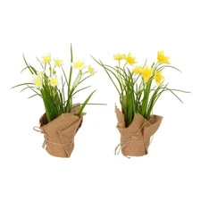 Vickerman 10" Plastic Artificial Daffodil with Burlap Pot in Green/Yellow