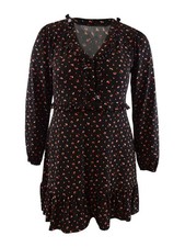 MICHAEL Michael Kors Women's Printed Ruffle-Trim Jersey Dress (L, Black/Sangria)