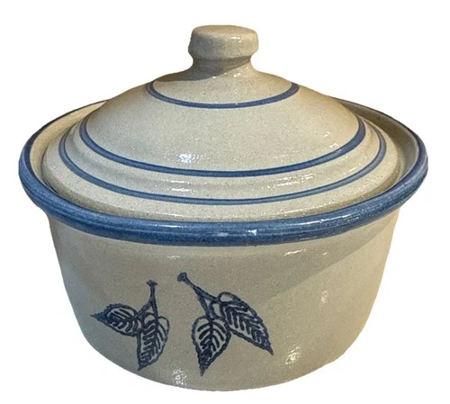 Red Wing Stoneware Dish With Lid Blue Leaf Detail Blue Striped Lid 5.5”  Cottage