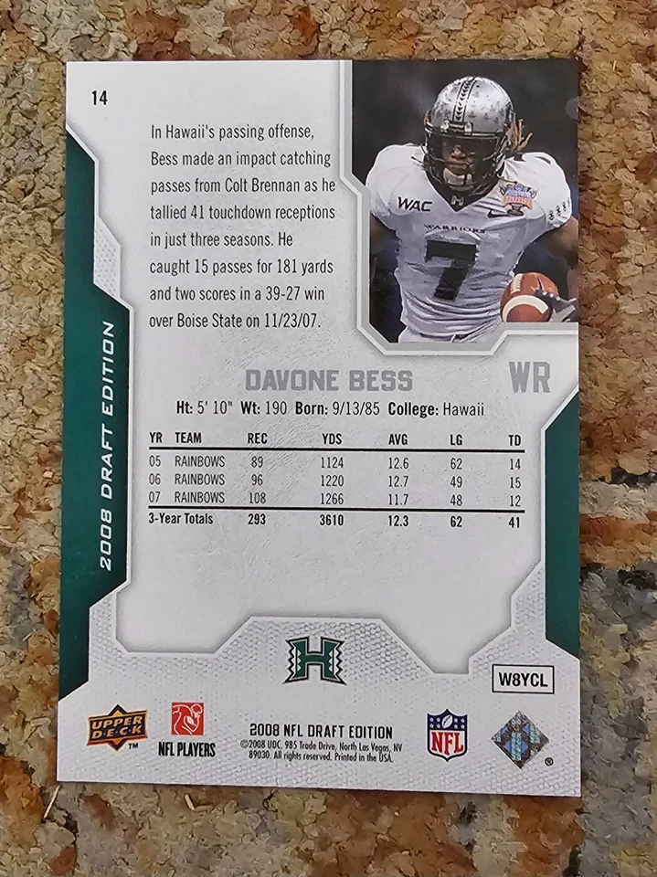 2008 Upper Deck Draft Edition Silver Exclusives 050/100 Davone Bess #14 Rookie  - Image 2 of 2