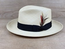 Vintage David Morgan Panama Fedora Straw Men Hat Feather Natural XL Hand Woven