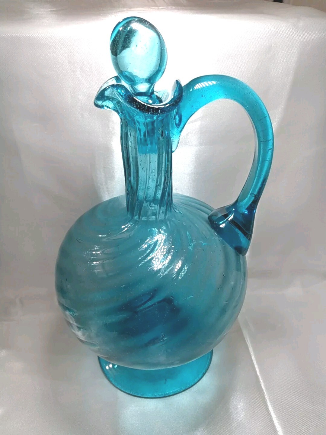 VTG Teal Hand Blown Swirl Art Glass Bottle Mexican 9.25&rdquo; T