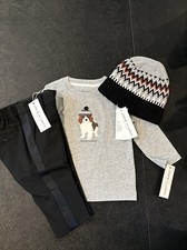 NWT Janie and Jack boy WINTER 3-piece black pants grey dog tee hat 6 9 12