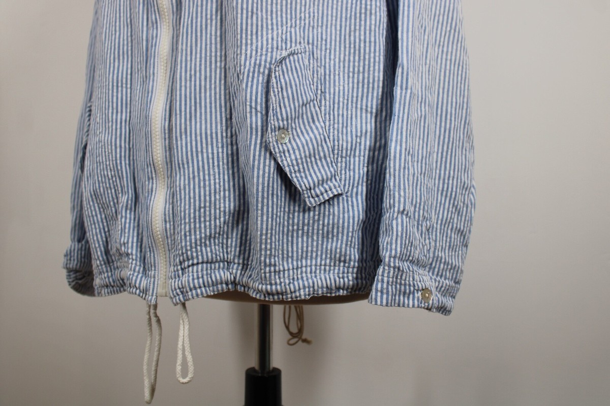 Vtg CA Sport L Blue White Seersucker Stripe Cotton Full Zip