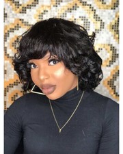 Short Loose Wave 100 Human Hair Wigs with Straight Bangs for Women Cosplay Wigs