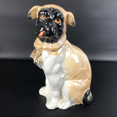 ANTIQUE 1800S GERMAN PORCELAIN PUG DOG Gold Tassel COLLAR Marigold Glaze  Tongue
