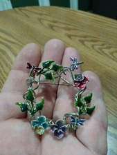 Playful ~ Colorful Enamel Flowers ~ Leaves ~ Dragonflies Pin Brooch ~ Springtime
